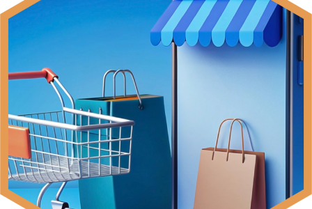 A photo presenting a smartphone with a small storefront display next to shopping bags and a cart, illustrating online shopping.