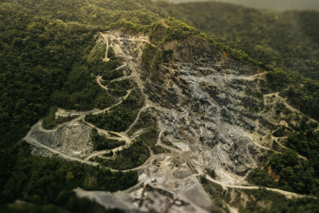 Arial view photograph of a mountain top with trees.