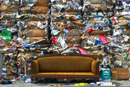 Photograph of brown fabric sofa in front of multi-material waste