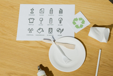 Paper forks on paper plate near card with recycling pictographs 