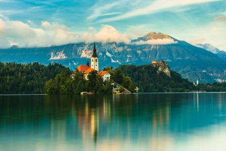 The picture presents lake Bled in Slovenia
