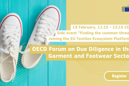 Promotional banner for the OECD Forum on Due Diligence in the Garment and Footwear Sector. The image shows a pair of white sneakers on a blue, wooden background. A European Commission logo appears in the top-right corner, and a “Register” button is on the bottom right. 