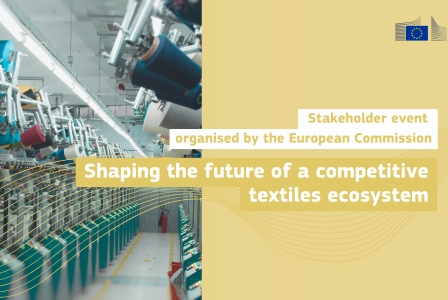 Textile machines with an EU event announcement on the future of the textiles ecosystem.