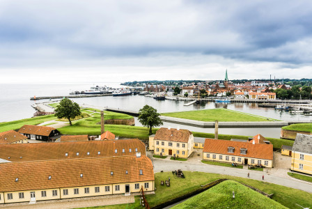 Aerial view of a city by a seaside