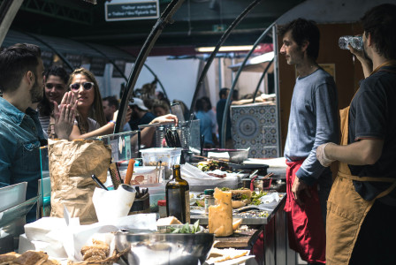 People talking on a food market