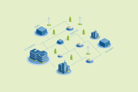 Blue houses on green background