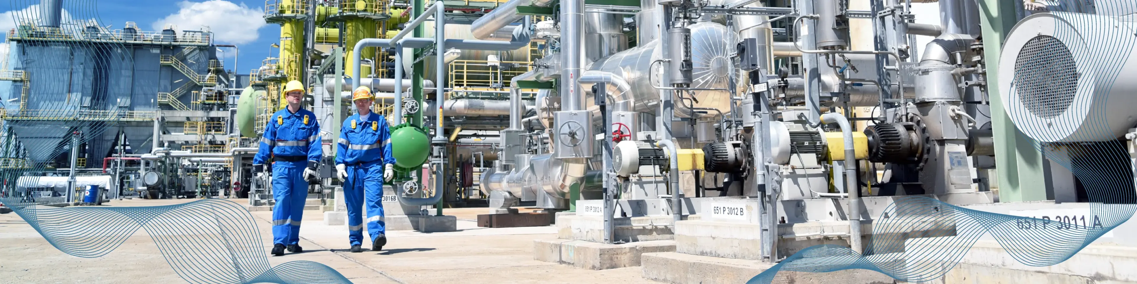 Two workers in blue protective uniforms and helmets walk through an industrial chemical plant. The facility is filled with complex stainless steel piping, pumps, and machinery under a bright blue sky. Decorative wave graphics overlay the image at the bottom.