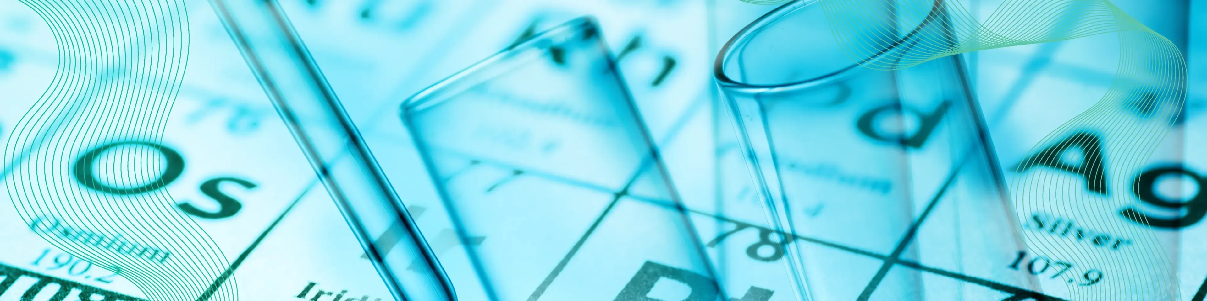 Transparent test tubes placed over a blue-tinted periodic table of elements, with chemical symbols like Os and Ag visible. Curved green wave graphics add a stylized overlay to the image.