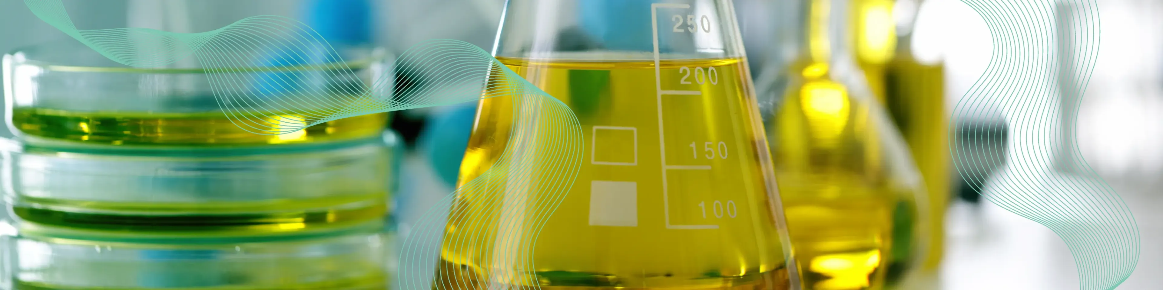 Close-up of laboratory glassware filled with yellow liquid, including a graduated Erlenmeyer flask and stacked petri dishes. The background features a clean, blurred lab environment with decorative green wave graphics overlaid.