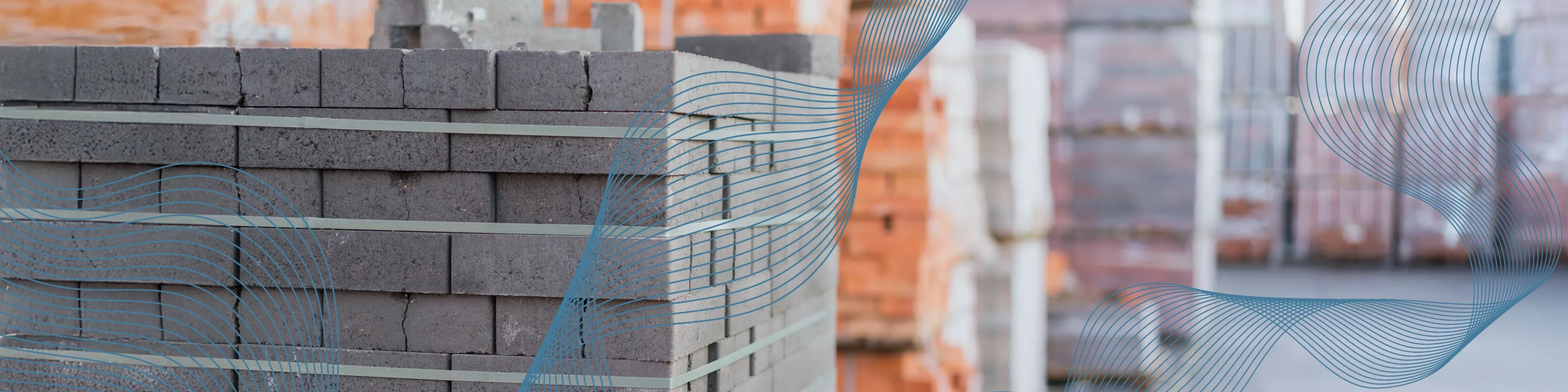Modern construction materials stacked in a warehouse, symbolizing strength and precision in building solutions, with abstract blue design lines overlaying the image.