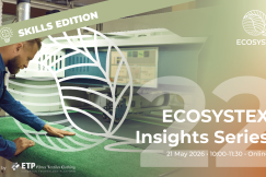 Person aligning green fabric on a textile cutting machine, with event promo overlay.