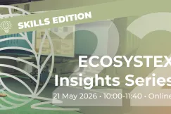 Banner for the ECOSYSTEX Insights Series (Skills Edition) showing a person working on textile machinery, with event details.