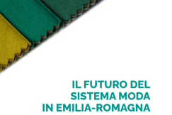 Stack of colourful fabric swatches with Italian sustainability report title.