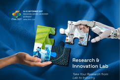 Puzzle pieces showing robotics, virtual reality, and nature, joined by a robotic hand and human hand, with ITMA 2027 Hannover event details.