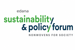 Logo graphic for the EDANA Sustainability & Policy Forum featuring green and blue typography on a white background with the subtitle “Nonwovens for Society”.