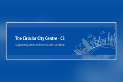 Blue banner with text “The Circular City Centre – C3, Supporting cities in their circular transition” and a line drawing of a city skyline.