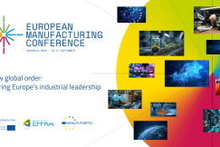 Banner for the European Manufacturing Conference 2026 showing event title, date in Brussels and visuals related to advanced manufacturing and technology.