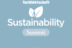 Blue promotional graphic for the TW Sustainability Summit featuring the words “TextilWirtschaft Sustainability Summit” and the dfv Conference Group logo.