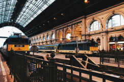 two-black-and-yellow-trains-on-train-station