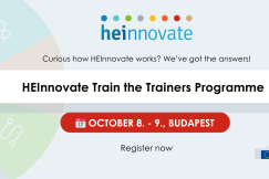 Banner promoting HEInnovate Train the Trainers programme with date and location in Budapest.