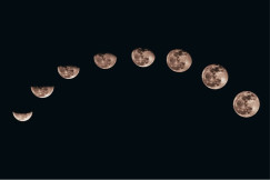Arc of multiple moon phases progressing from crescent to full against a dark night sky.
