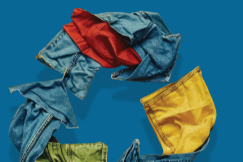 Poster showing clothes arranged in a recycling symbol with text on circular trade and second-hand clothing.