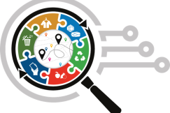 Circular puzzle with icons representing textile value chain and magnifying glass.
