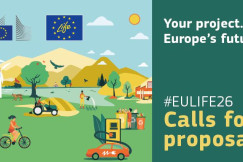 The pic presents an illustrated EU LIFE banner highlighting sustainability, renewable energy, and clean mobility.