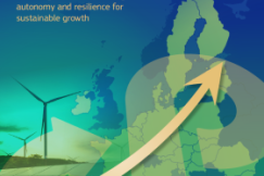 The pic presents a sustainability-themed EU graphic with a map of Europe, a wind turbine, and an upward arrow symbolizing green growth and innovation.