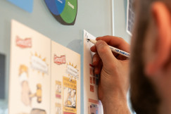 Person writing notes on a wall with diagrams and printed materials.