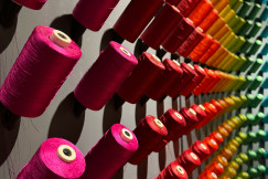 Rows of colourful textile yarn spools displayed on a wall, representing textile production, material innovation and the fashion and lifestyle industries.