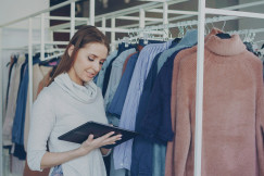 woman holding a tablet while standing next to hung clothes