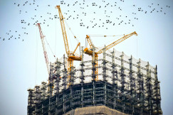 The picture presents a high-rise building under construction with cranes and birds overhead.