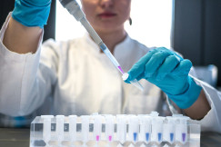 The photo presents a scientist working with laboratory samples.
