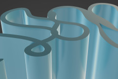 Elegant abstract design with flowing blue 3D shapes on dark background.