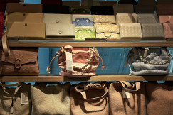 Handbags, wallets and fashion accessories displayed on shelves in a retail setting.