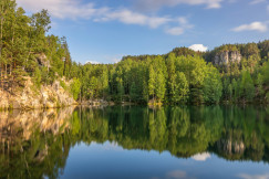 The photo presents a calm lake surrounded by a green forest.