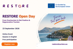 RESTORE Open Day promotional graphic for 23 September 2026, featuring a coastal destination and the theme From Overtourism to Net Positive and Regenerative Tourism.
