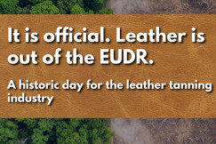 Graphic with the message “Leather is out of the EUDR” over a leather-textured background, with forest and cleared land imagery behind it.
