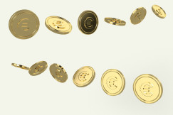 The illustration presents golden coins bearing euro symbols, floating at different angles against a pale background.