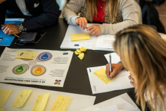 The photo presents people taking part in a workshop, writing on yellow sticky notes around a table covered with printed materials.