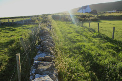 The photo presents green fields divided by stone walls and fences, with a white house in the distance.