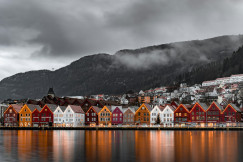 The photo presents colourful waterfront buildings in Bergen, Norway.