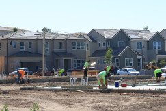The picture describes a residential construction site where workers are preparing the foundations for new homes. 