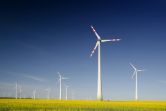 The picture describes a wind farm with multiple wind turbines installed across a grassy landscape.
