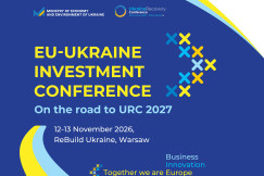 This picture is a banner for the EU-Ukraine Investment Conference taking place as part of the ReBuild Ukraine exhibition in Warsaw.