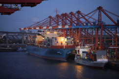 The picture shows a busy container port with large cargo ships, stacked shipping containers, and towering cranes used for loading and unloading goods. 