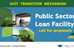 This picture shows a promotional graphic for the Just Transition Mechanism’s Public Sector Loan Facility call for proposals.