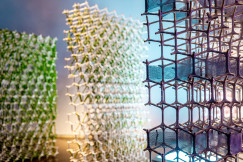 The picture shows modern lattice-like structures with greenery growing through them, combining innovative design with nature.