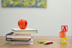 The photo presents books, an apple and alphabet blocks.